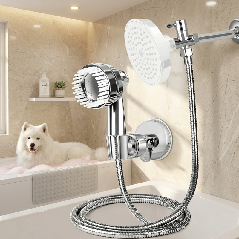 Accessoire de douche pour animal de compagnie avec boyau de 8,2 pi et brosse en silicone, outil de bain pour chien à trois modes, connexion facile au robinet de baignoire pour chiens et chats, utilisation à la maison