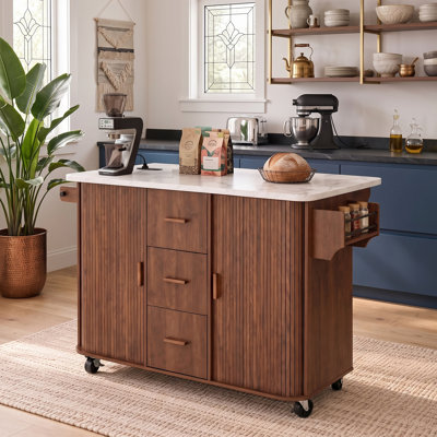 53.5" Kitchen Storage Cart with Sliding Doors Power Outlet, Drop Leaf 3 Drawers Spice Towel Rack, Imitation Marble Top, Walnut