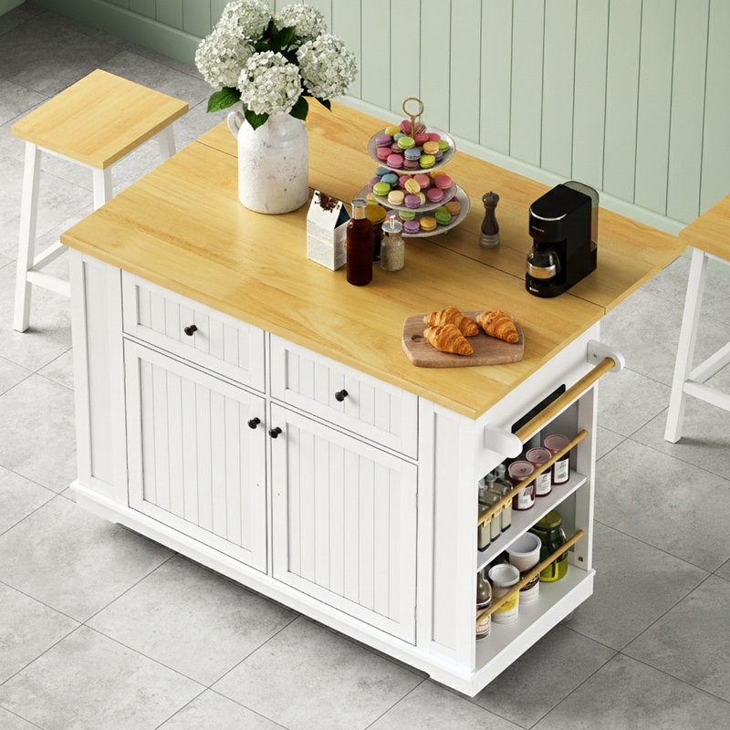 Door Internal Storage Rack Kitchen Island With Bar Stools And Power Outlet, White