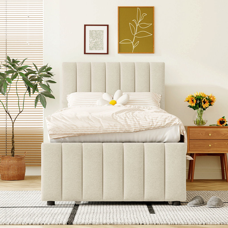 Lit plateforme simple tapissier en lin avec tiroirs de rangement en gigogne et beige