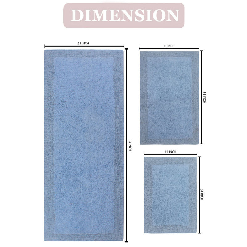 Bruss Luxury 100% Cotton Reversible Bath Rug (Set of 3), Blue