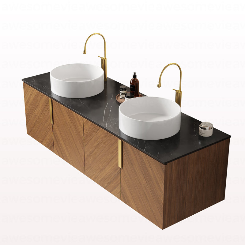 Meuble-lavabo 60 po avec lavabo, armoire de rangement murale flottante en contreplaqué avec 4 portes, 2 lavabos ronds blancs en céramique et comptoir en pierre frittée noire, couleur grain de bois chêne brun