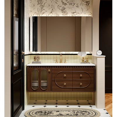 Meuble-lavabo en bois massif de style moyen-antique avec lavabo et miroir intégrés en céramique