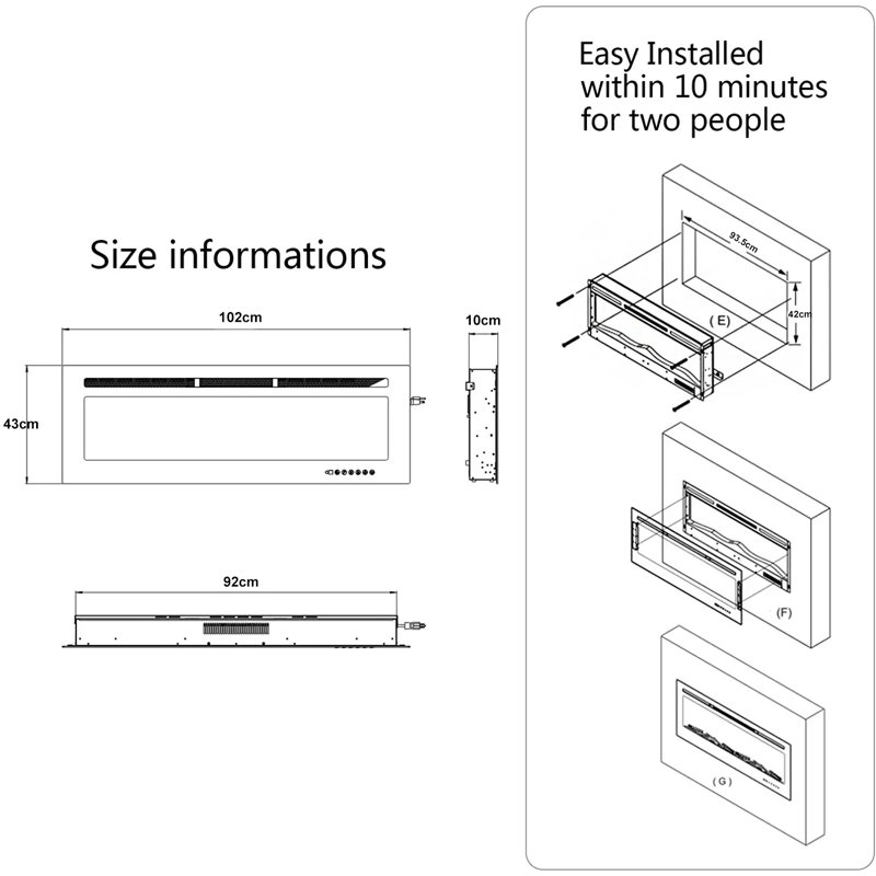 Ultra Thin Wall Mount Electric Fireplace with Timer and Overheat Protection, 43cm H x 102cm W x 10.4cm D