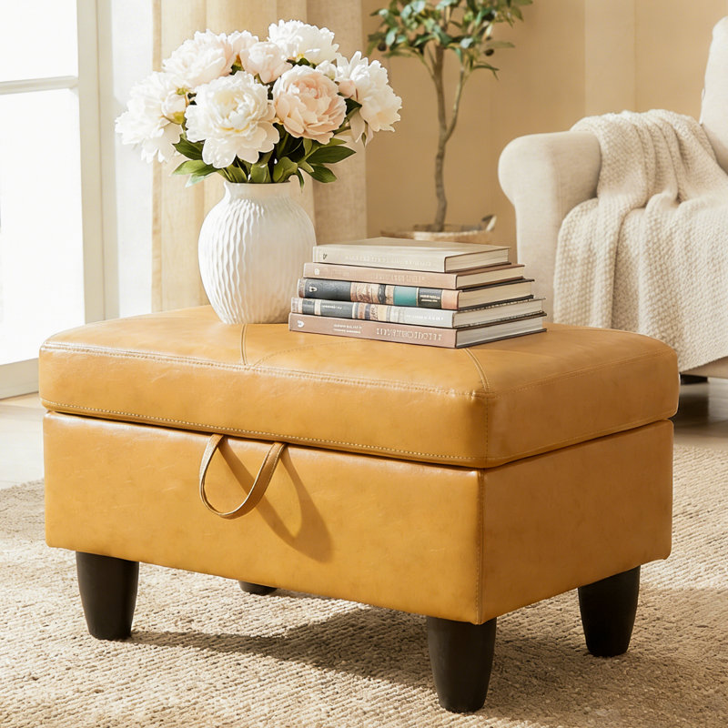 Banc rectangulaire avec repose-pieds avec rangement, repose-pieds en similicuir avec couvercle à charnière, tabouret de table basse pour le salon, la chambre à coucher, le vestibule, orange