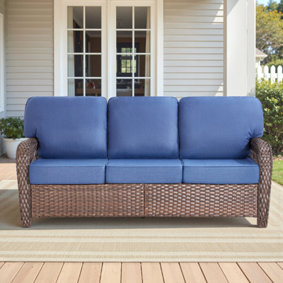75.2" Outdoor Brown Wicker Patio Sofa With T Shape-Back Cushions And 5" Thick Foam, For Porch Or Backyard, Blue