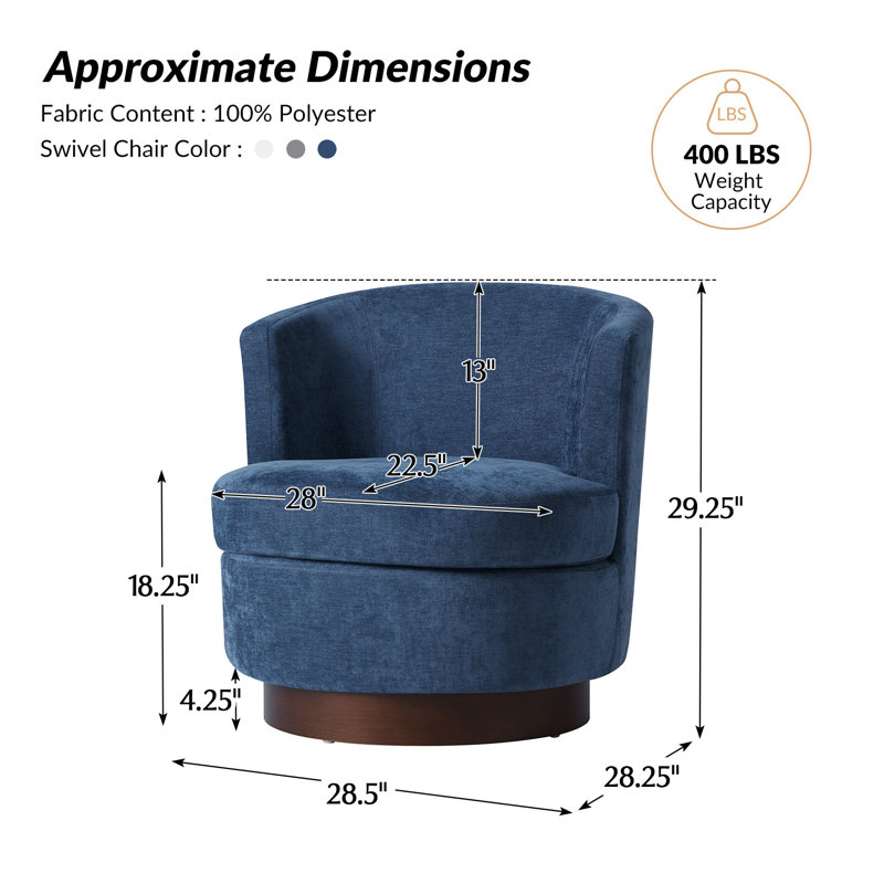 Cabrini 28.5"W Modern Swivel Accent Chair With Solid Wood Base, Navy Polyester