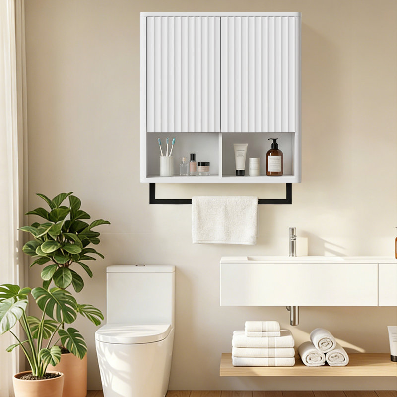 Bathroom Wall Storage Cabinet, Over The Toilet Medicine Cabinet, Hidden Storage & Open Shelves, Small 2-Door Multi-Functional Bathroom Organizer with Towel Bar for Bathroom & Kitchen (White)