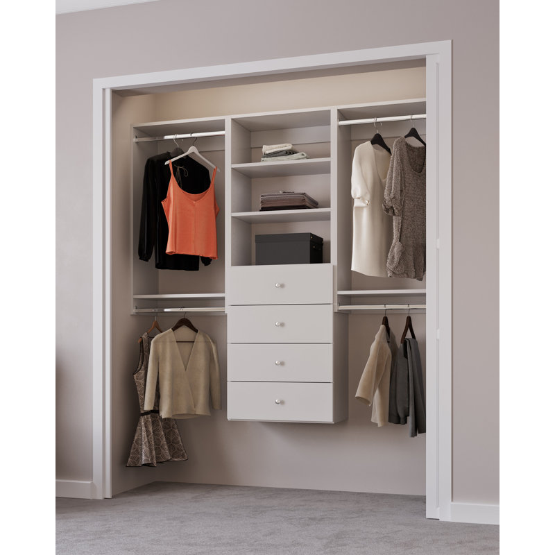 White Modular Closet System with Shelves, Drawers, and Hanging Rods
