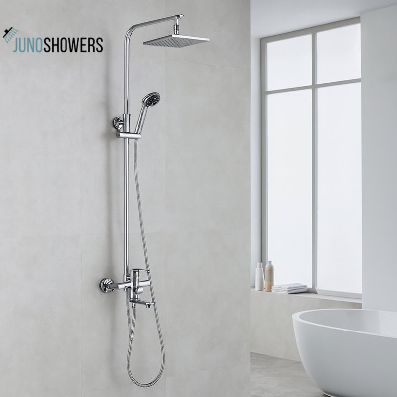 Ensemble de douche à DEL 8 pouces avec pomme de douche à main et robinet mélangeur Juno, fixation murale chromée
