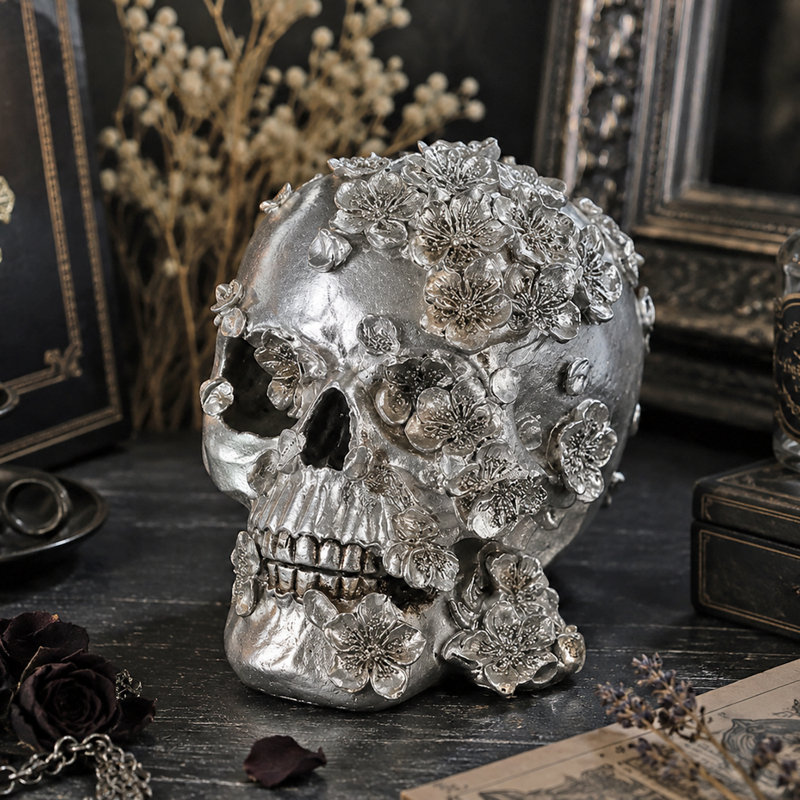 Skull With Flowers Silver Finish Comeau Scuplture