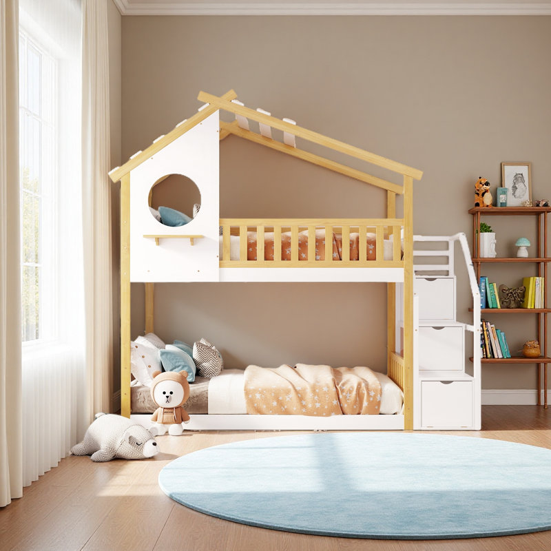 Stairway Twin-Over-Twin Bunk Bed,House Bed,Storage And Guard Rail,Natural Bed +White Stair