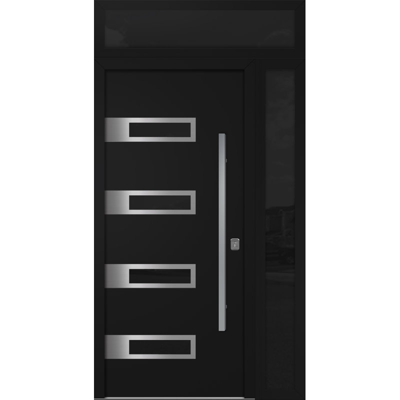 Porte d'entrée extérieure moderne en acier 36 po x 80 po - Inox S4 avec éclairage latéral et traverse, Côté gauche, Noir