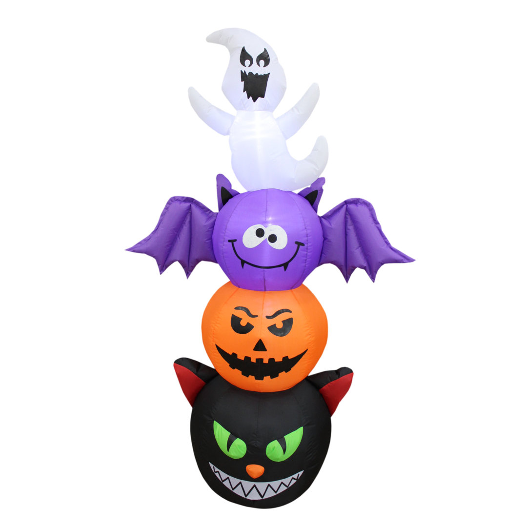 6 Foot Tall Lighted Happy Halloween Inflatable Stacked Figures Totem Pole with Cat, Pumpkin, Bat and Ghost Indoor / Outdoor Holiday Blow Up Yard Garden Decoration The Holiday Aisle®