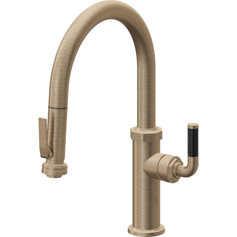Descanso Kitchen Pull-Down Kitchen Faucet with Squeeze Sprayer - Low Arc Spout, Antique Brass Flat
