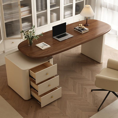 Nut-brown + Beige-white Rectangular Manufactured Wood with 3 drawers desk