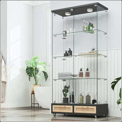 Vitrine à 4 tablettes en verre avec deux grands tiroirs verrouillables et éclairage à DEL de 13 couleurs