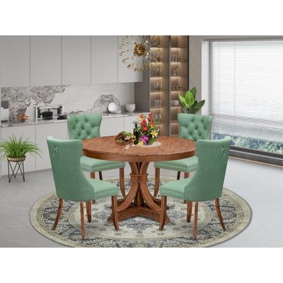 Ensemble de table de cuisine 5 pièces comprenant une table de cuisine et 4 chaises parsons en tissu de polyester vert saule avec dossier capitonné, noyer antique
