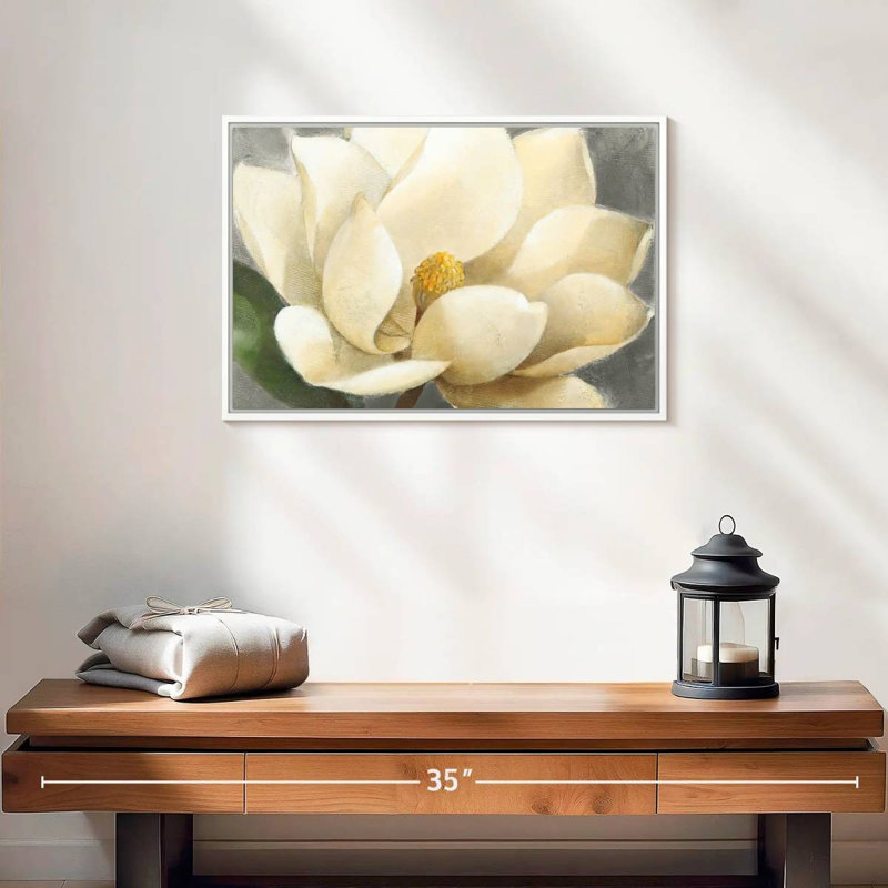 Fleur de magnolia sur fond gris, Cadre flottant blanc, 19 po x 13 po