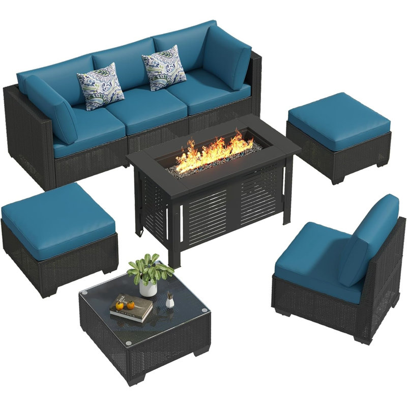 Wicker 6 - Person Garden Lounge Set with Cushions, Blue