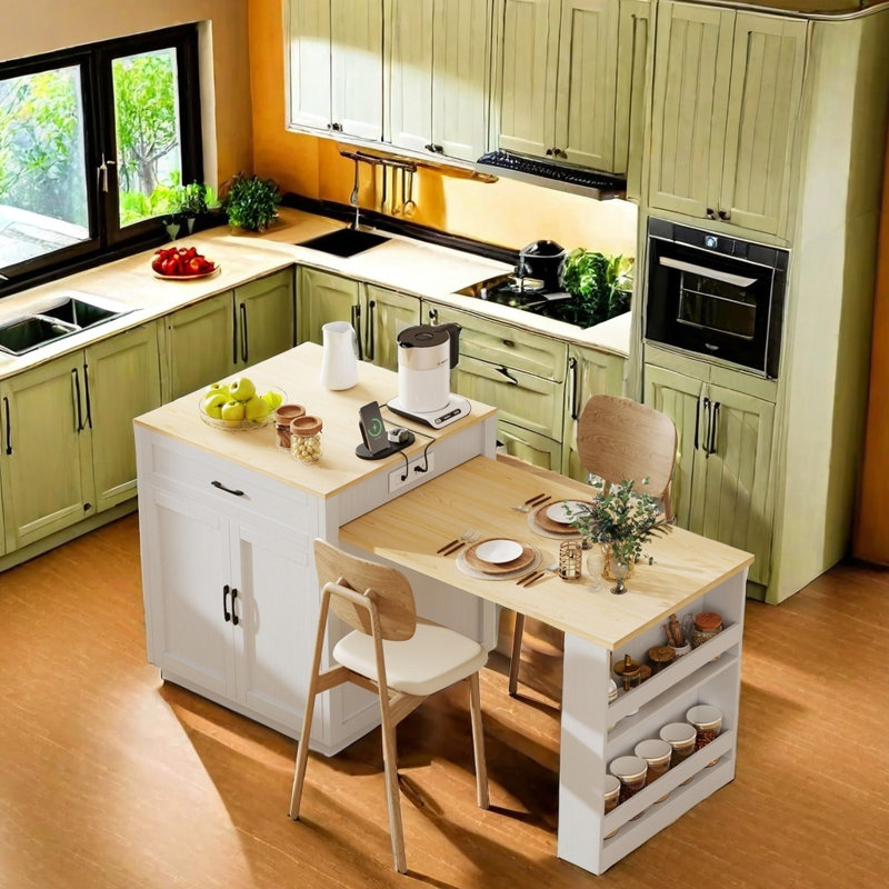 Multifunctional Kitchen Island With Extendable Table, Built-In Power Outlet, And Adjustable Shelves For Small Kitchens, White