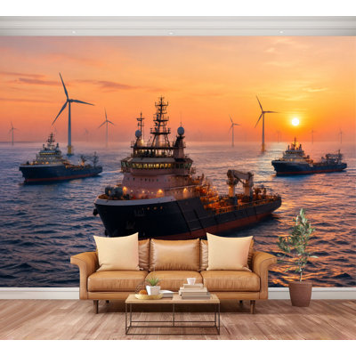 Wall Mural Peel and Stick Bay Nautical Vessel sunset sea Windmill ocean Aberdeen Landscape Water Large Wallpaper Self-Adhesive Removable Contact Paper Wall Decor for Living Room Bedroom Nursery 100"H x 144"W