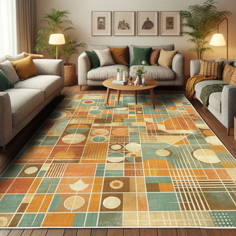 Mid-Century Modern Blue and Burnt Sienna Synthetic Area Rug