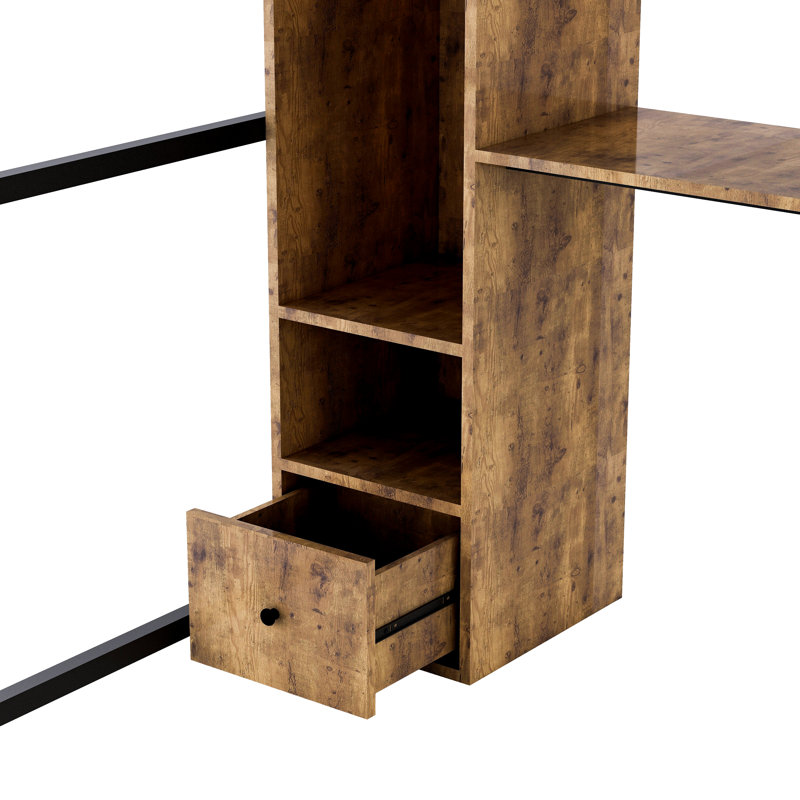 Lit mezzanine avec garde-robe intégrée, tiroir, bureau et tablettes