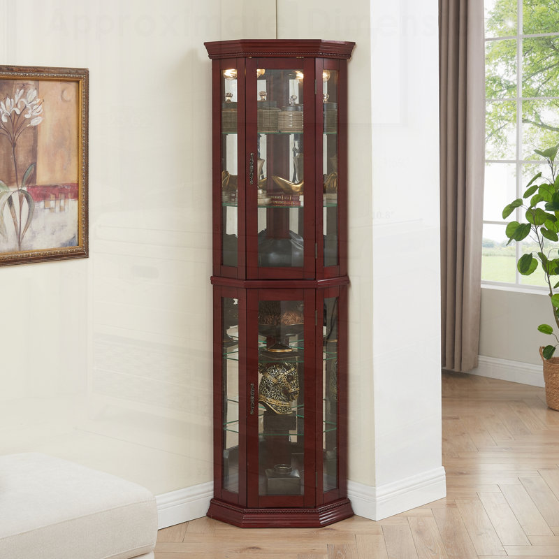 Corner Curio Cabinet with Lights, Adjustable Shelves, and Mirrored Back for Elegant Display and Storage, Cherry