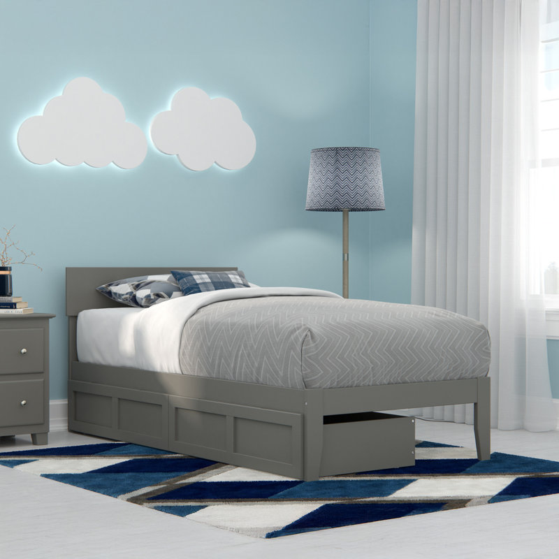 Valeria Premium Wood Storage Platform Bed with Under Bed Storage Drawers, Gray, Twin