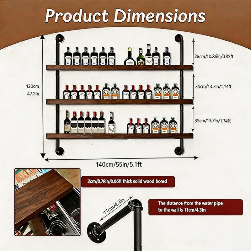 Casier à vin mural de 140 cm (55 po) à 3 niveaux, style industriel, avec éclairage DEL, 47.2" H x 55.1" W x 7.8" D