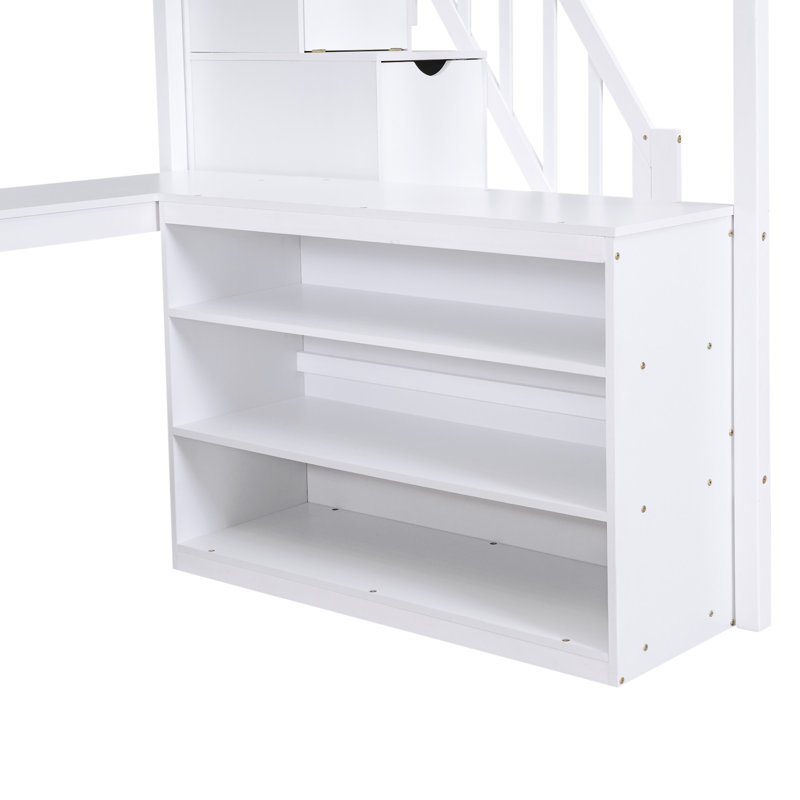 Lit mezzanine avec bureau intégré en forme de L et tablettes de rangement à trois niveaux, Blanc