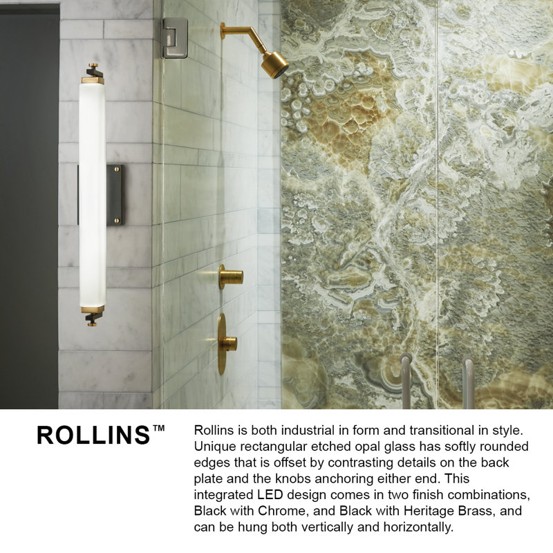 Rollins 18" Black and Chrome LED Vanity Sconce with Etched Opal Glass