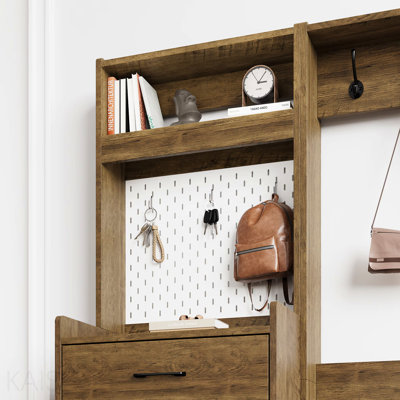 Meuble à chaussures 5 en 1, meuble de rangement d'entrée en bois avec tiroir rabattable, panneau perforé et étagère réglable - Brun