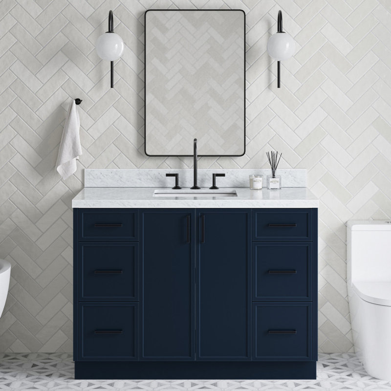 ARIEL Kelly Single Sink Bathroom Vanity with Italian Carrara Marble Top, Midnight Blue, 49"