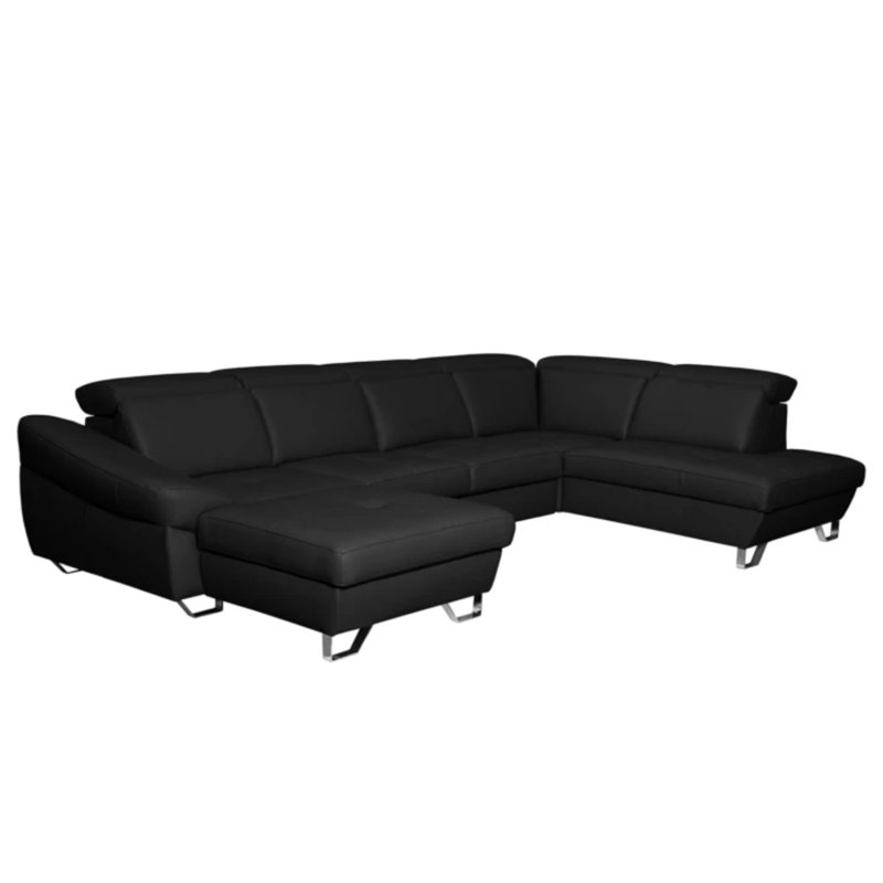 Natron Leather Corner U-form Sofa with Sleeping Function and Storage , Right Hand Facing, Black