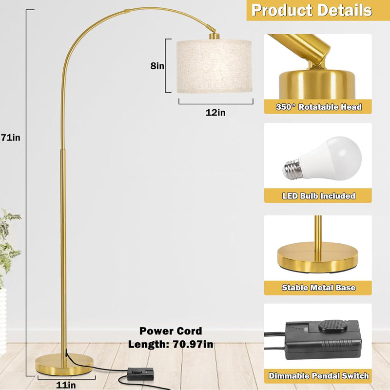 Dimmable Gold Arc Floor Lamp With Adjustable Head For Living Room, Bedroom, Office - 9W LED Bulb Included