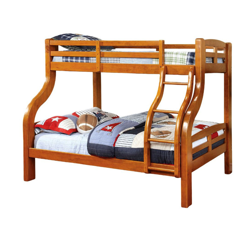Lit superposé simple au-dessus d'un lit double en chêne au design transitionnel, en bois courbé et courbé, avec structure en bois massif attaché, 14 pièces Lattes, rails pour