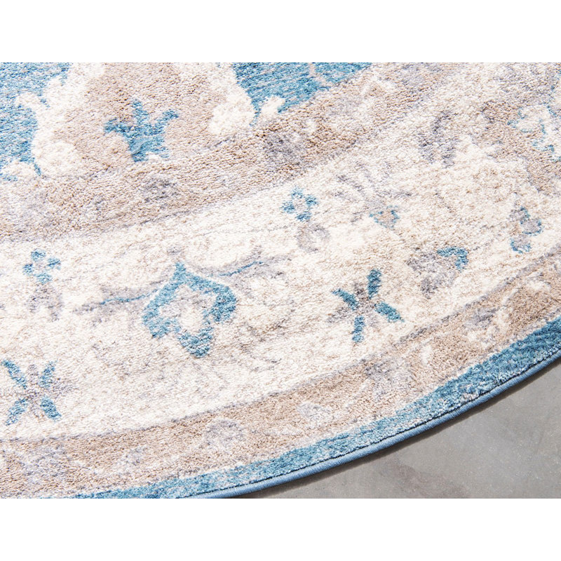 Tapis décoratif floral bleu Linz, Rond 4 pi