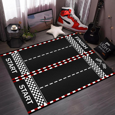 Race Track Area Rug, Black White Checkered Race Car Room Decor Car Karting Road Racing Car Rug, Start and Finish Line Racing Track Marking Rugs for Room, 6′ × 8.2′