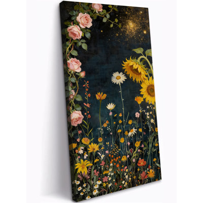 Vertical Canvas Wall Art Poster, Large Wildflowers Sunflowers Roses Painting Print, Vintage Nature Artwork for Living Room Bedroom Office Rustic Framed Wall Art Ready to Hang 12×24 Inch