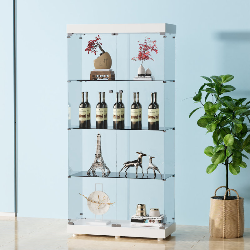 Vinie Floor-Standing Glass Display Cabinet with Tempered Shelves and Doors