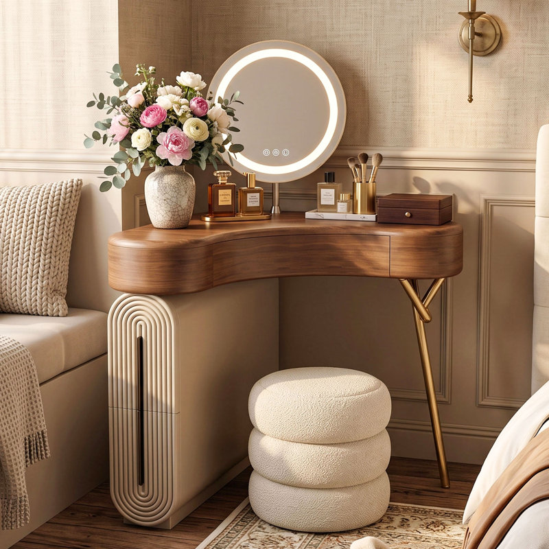Bureau de coiffeuse de coin moderne en L noyer avec tiroirs de rangement pour petits espaces