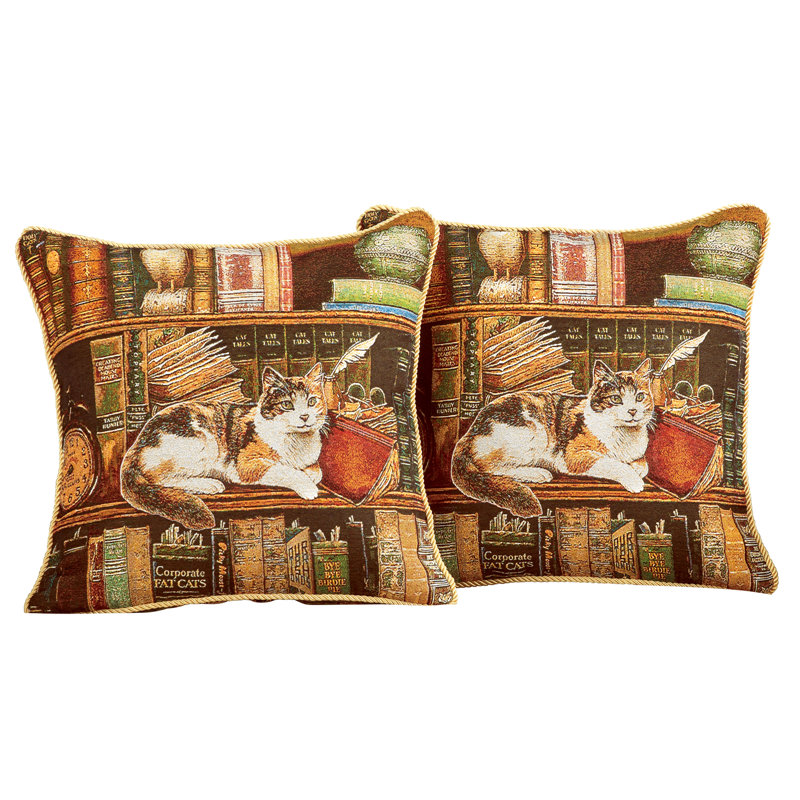 Charming Library Cat Tapestry Style Pillow Covers - Set of 2