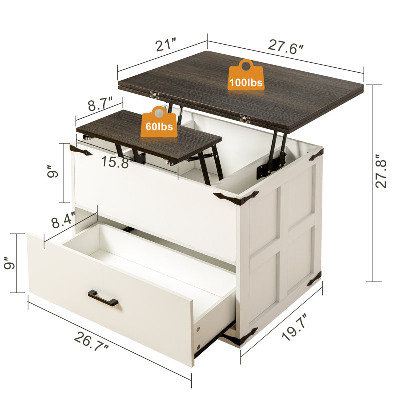 Table basse à plateau relevable avec rangement 4 en 1 Wynny Farmhours, Brun foncé / blanc