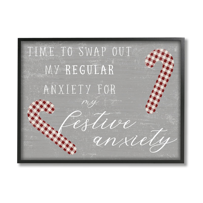 Festive Anxiety Time Chistmas Saying Plaid Candy Canes, H 24 po x l 30 po, Giclée encadrée noir minuit