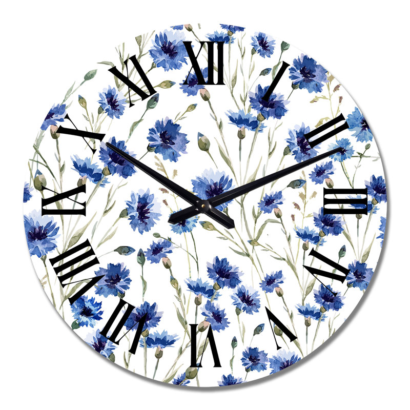 Horloge murale à fleurs bleues sur fond blanc, Grand