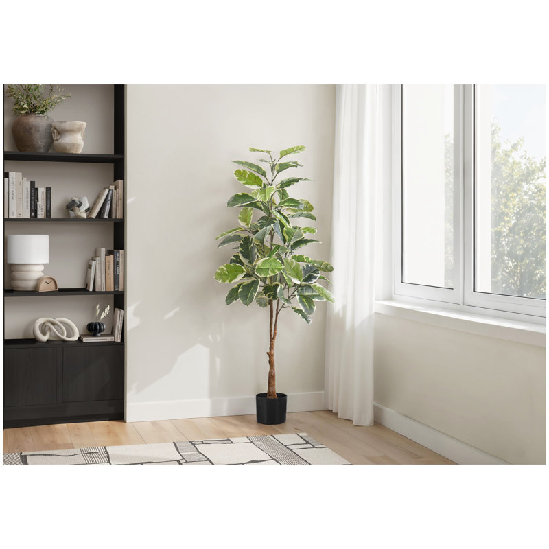 Plante artificielle, 52 po de hauteur, hévéa, intérieur, faux, faux, plancher, verdure, pot, véritable touche, décoratif, feuilles vertes, pot noir