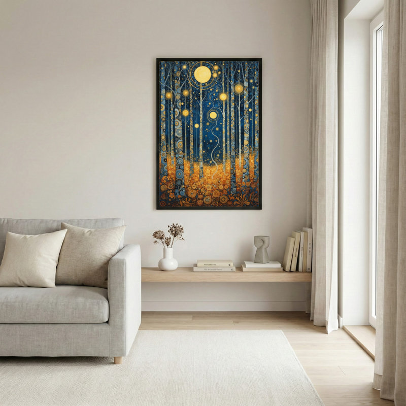 Toile noire encadrée en bois noir pour salon, chambre à coucher, bureau ou vestibule - décoration murale décorative avec nuit de forêt