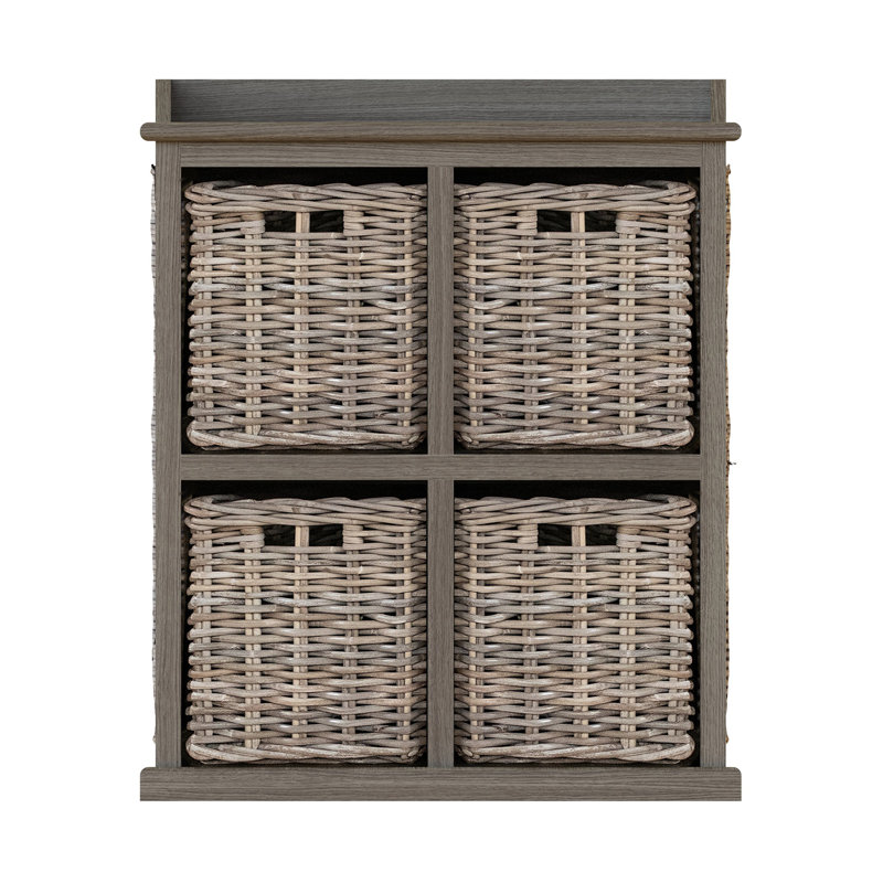 Aliyaha 4 Drawer Hallway Storage Unit. Handmade Kubu Rattan Storage Baskets, Grey Wash